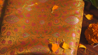 Deep yellow Soft Satin Silk Tanchoi Jamawar Banarasi Handloom Saree