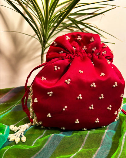 Cardinal Red Silk Embroidered Potli Bag (With Handle)