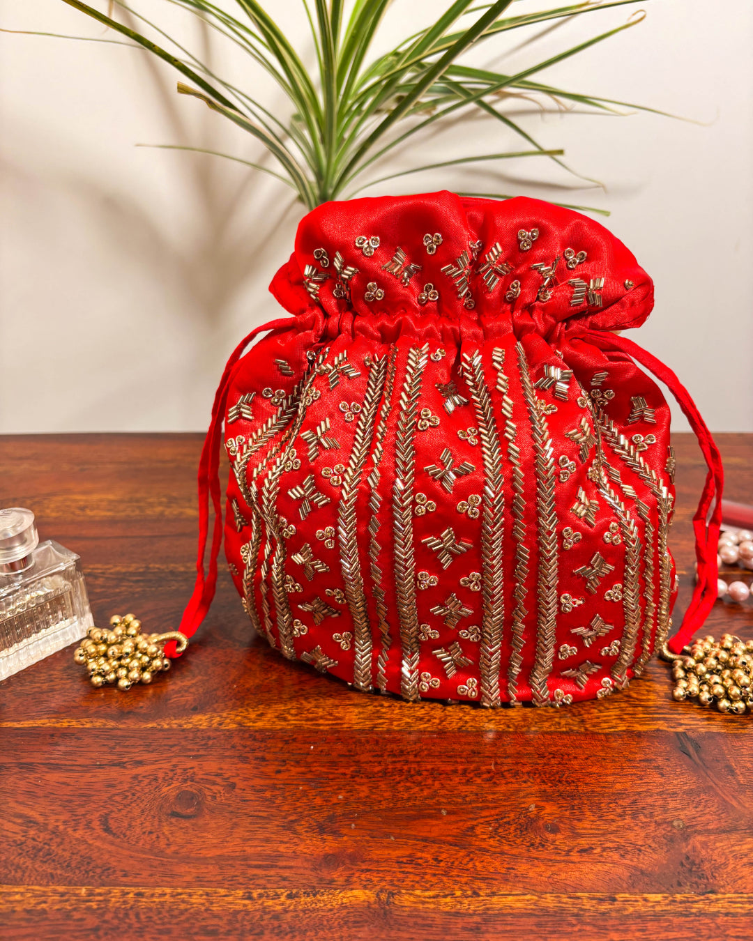 Cardinal Red Silk Embroidered Potli Bag (With Handle)