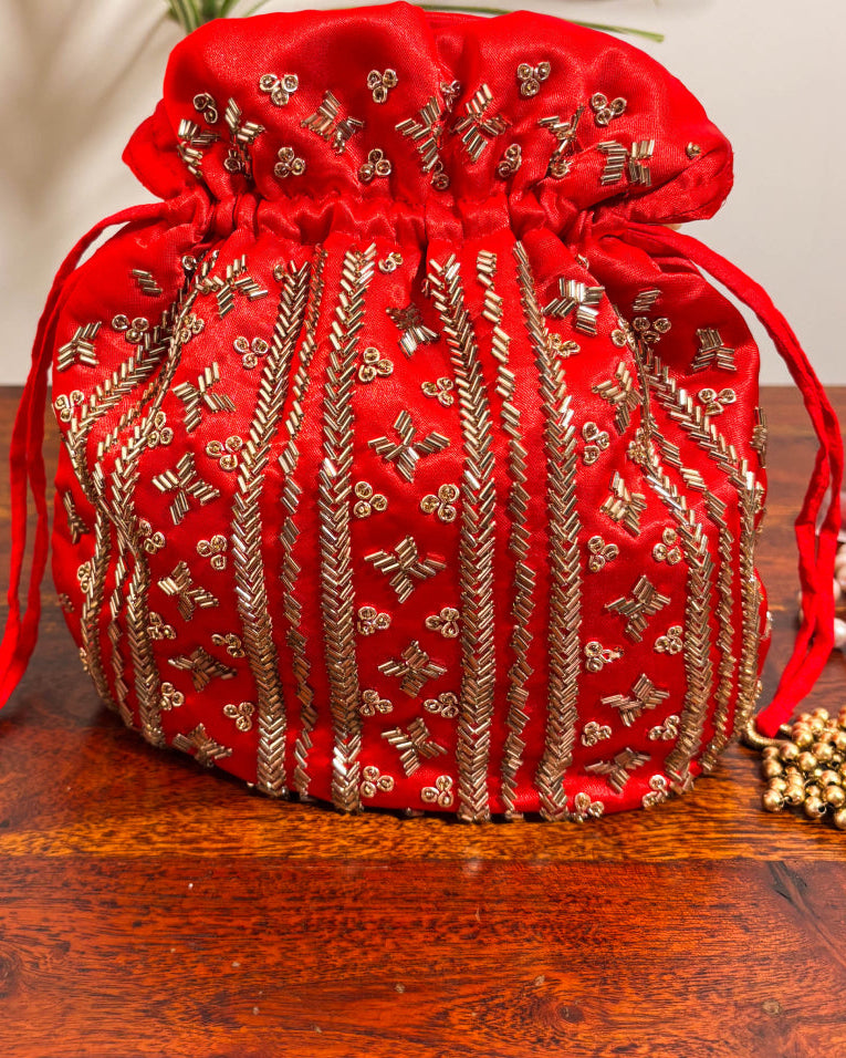Cardinal Red Silk Embroidered Potli Bag (With Handle)