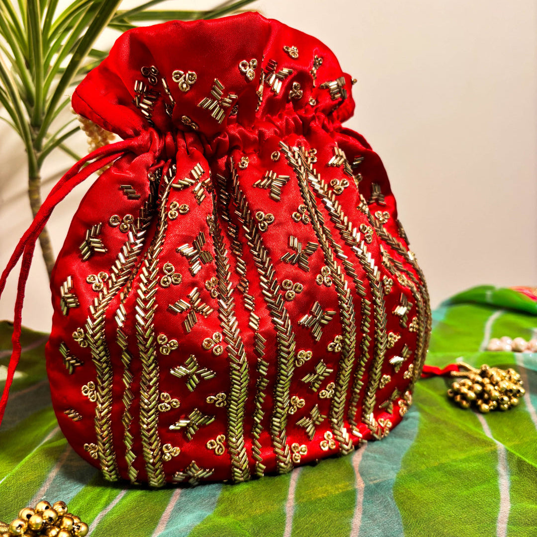 Cardinal Red Silk Embroidered Potli Bag (With Handle)