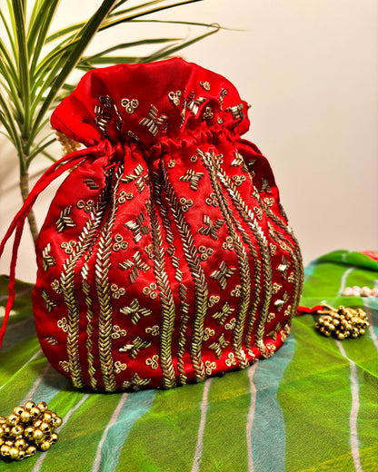 Cardinal Red Silk Embroidered Potli Bag (With Handle)