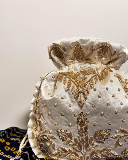 Silken White Silk Embroidered Potli Bag (With Handle)