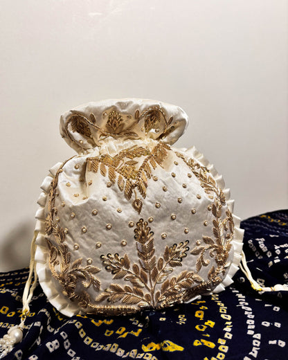 Silken White Silk Embroidered Potli Bag (With Handle)