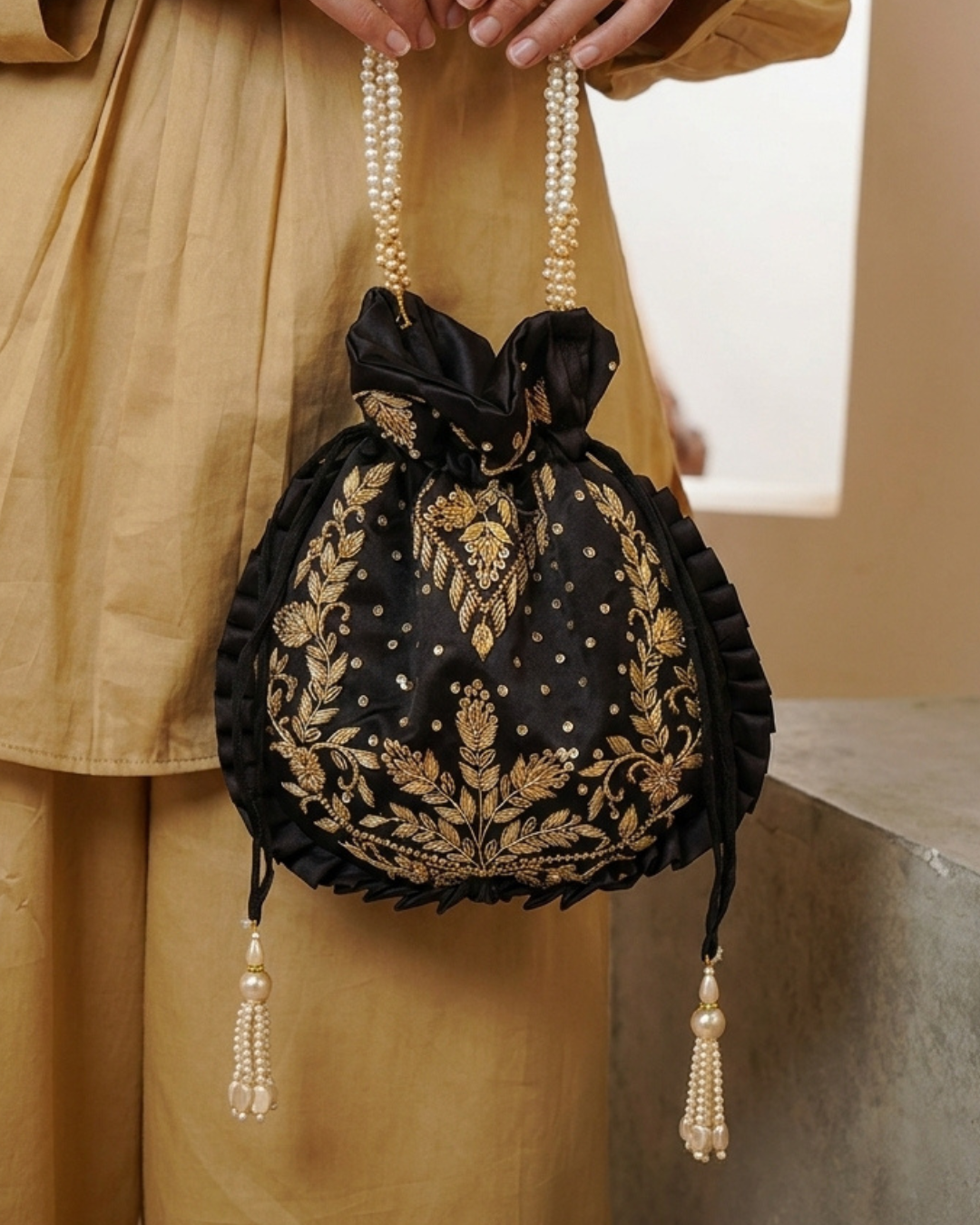 Black Dot Pattern Silk Embroidered Potli Bag (With Handle)