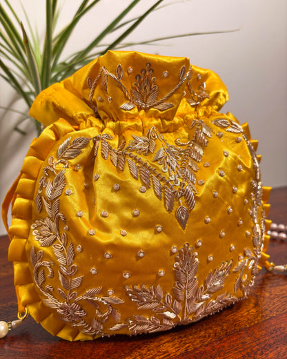 Sunlit Yellow Silk Embroidered Potli Bag (With Handle)