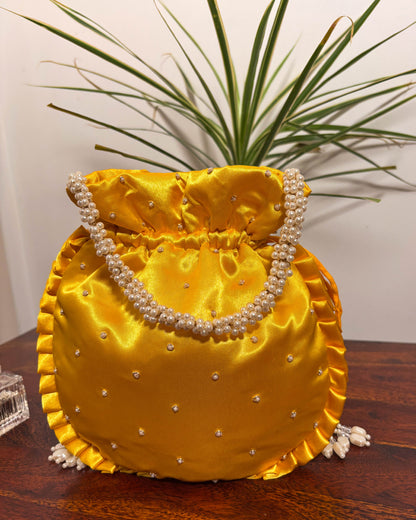 Sunlit Yellow Silk Embroidered Potli Bag (With Handle)
