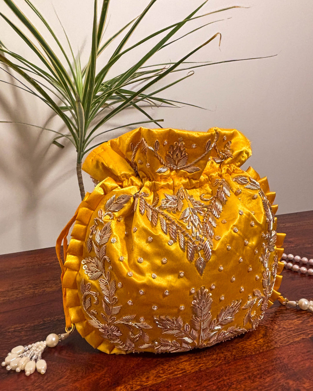 Sunlit Yellow Silk Embroidered Potli Bag (With Handle)